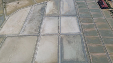 Drone image of traditional salt fields close to Kep National Park in southern Cambodia.の写真素材