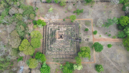 Stunning aerial drone footage capturing the Koh Ker Pyramid and surrounding ancient temple ruins in Cambodiaの写真素材
