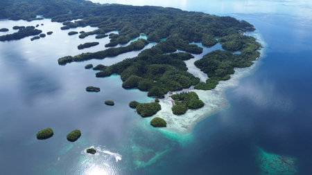 Aerial view of Beser Bay on Gam Island, Raja Ampat, showcasing vibrant coral reefs, turquoise waters, and the channel cutting through this marine biodiversity hotspot.の写真素材