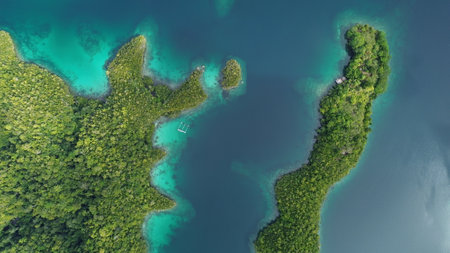 Aerial view of Beser Bay on Gam Island, Raja Ampat, showcasing vibrant coral reefs, turquoise waters, and the channel cutting through this marine biodiversity hotspot.の写真素材