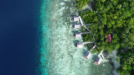 Aerial view of a traditional homestay on Gam Island, Raja Ampat, surrounded by lush jungle and clear...