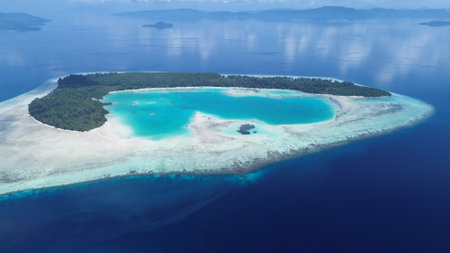 Aerial view of uninhabited small islands in West Waigeo, surrounded by vibrant coral reefs and crystal-clear turquoise waters.の写真素材