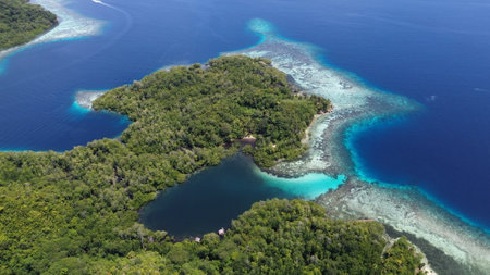 Aerial view of Citrus Ridge, Raja Ampat's top snorkeling and diving spot at Gam Island, featuring...
