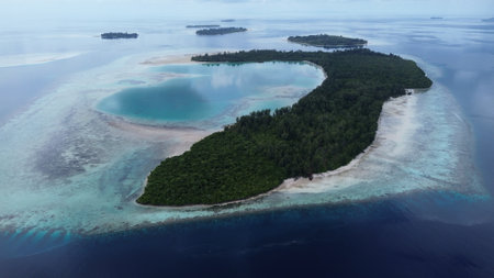 Aerial view of uninhabited small islands in West Waigeo, surrounded by vibrant coral reefs and...