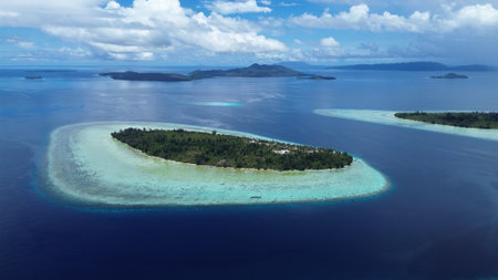Aerial view of uninhabited small islands in West Waigeo, surrounded by vibrant coral reefs and crystal-clear turquoise waters.の写真素材
