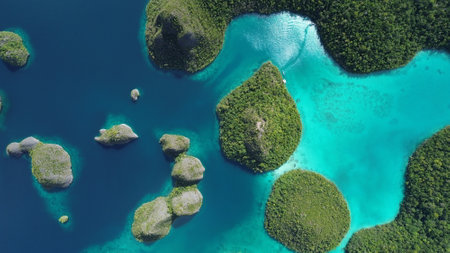 Remote lagoon at Wayag island consisting of limestone islands, Raja Ampat, West Papua, Indonesia,...