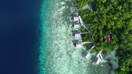 Aerial view of a traditional homestay on Gam Island, Raja Ampat, surrounded by lush jungle and clear coastal waters in a remote tropical setting.の写真素材