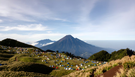 Camping Adventure Explore Majestic Mountain Peaks and Picturesque Landscapesの素材