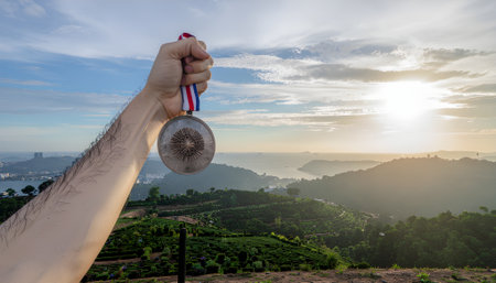 Victory Achieved Celebrating Success with a Medal at Sunriseの素材