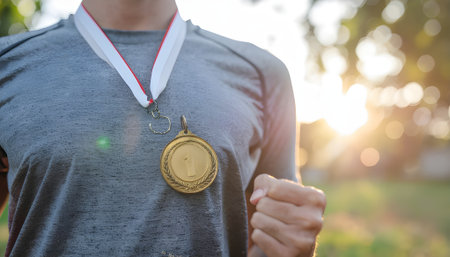 Triumphant Athlete Displays Gold Medal with Pride on Gray Shirtの素材
