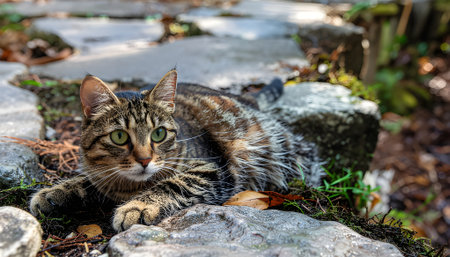 A beautiful tabby cat with captivating green eyes rests peacefully on a moss-covered stone path amidst autumn leaves, observing its surroundingsの素材