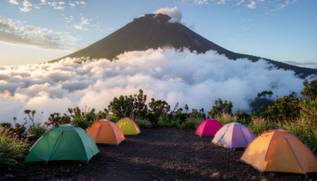 Camping Adventure Tents with Stunning Mountain Views Under Cloudy Skiesの素材