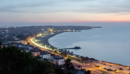 Evening panoramic view of a vibrant coastal city with illuminated roads and buildings along a beautiful bay under a twilight skyの素材