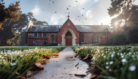 Scenic Pathway Leading to a Beautiful Brick Church on a Sunny Dayの素材