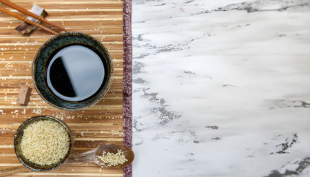 Soy Sauce, Sesame Seeds, and Rice Asian Cuisine Ingredientsの素材