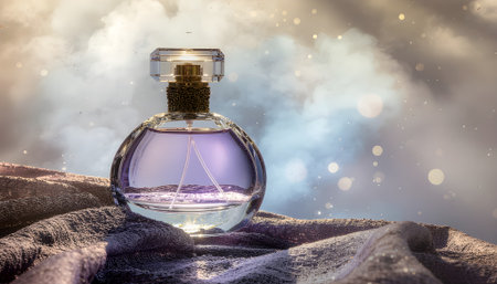 Captivating Purple Perfume Bottle Amidst a Dreamlike Landscape of Soft Clouds and Glowing Orbsの素材