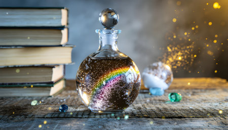 Enchanted Glass Bottle A Magical Potion with Rainbow Reflectionの素材