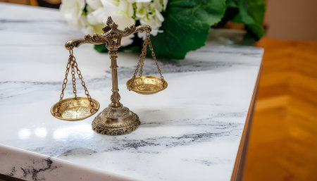 Justice and Balance Decorative Scales of Justice on a Marble Surfaceの素材