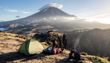 Tent camping on a mountain ridge overlooking a volcano under a lenticular cloudの素材