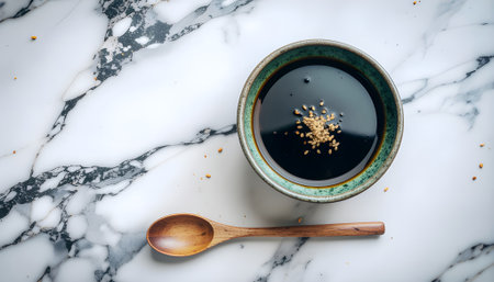 Bowl of dark soy sauce with a wooden spoon on a marble surfaceの素材