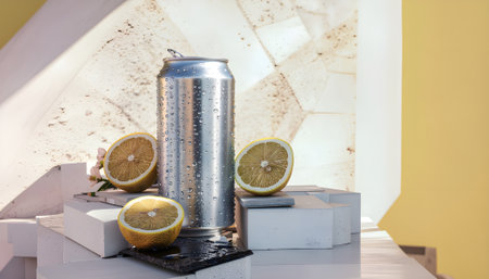 A concept of modern refreshment featuring a cold aluminum can with water droplets, surrounded by fresh sliced lemons on a geometric, abstract backgroundの素材
