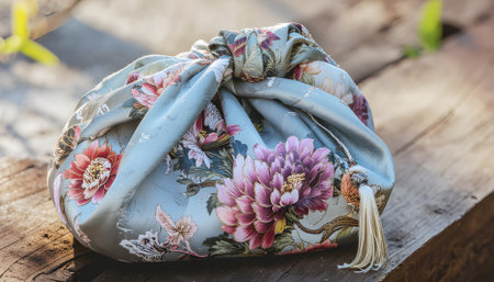 A beautifully wrapped gift using the traditional Japanese Furoshiki technique, featuring a floral print cloth on a rustic wooden backgroundの素材