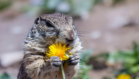 Adorable ground squirrel enjoying a tasty snack, munching on a vibrant yellow dandelion flower in a sunlit fieldの素材