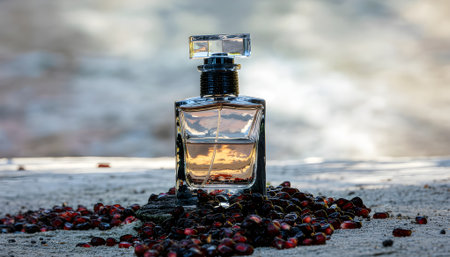 A sophisticated perfume bottle with an ornate cap is artfully displayed on a bed of dark earth and vibrant red seeds, evoking a rich and complex aromaの素材