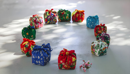 Festive circle of handmade gifts wrapped in colorful, patterned textiles, showcasing a sustainable gift-giving traditionの素材