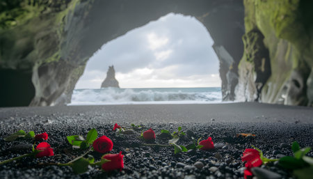 A solemn and romantic tribute with red roses scattered on the black sand of a dramatic coastal sea cave looking out to the oceanの素材