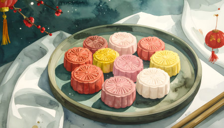 Colorful Mooncakes on a Plate A Festive Watercolor Illustration for Mid-Autumn Festivalの素材