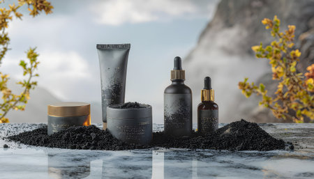Natural cosmetic collection with activated charcoal for skincare detoxification and beauty, displayed in a serene mountain setting for wellnessの素材