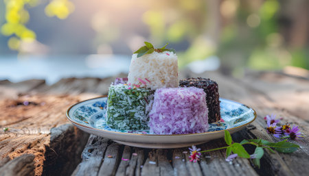 A delightful plate of assorted colorful sticky rice cakes, a popular Southeast Asian dessert, served on a wooden log in a serene garden settingの素材