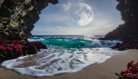 A magical view of a surreal full moon over a tranquil ocean cove, seen from a secluded sea cave entranceの素材