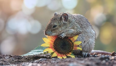 Squirrel eating sunflower in the garden with bokeh backgroundの素材