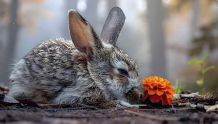 The quiet innocence of wildlife as a small, furry cottontail rabbit pauses to enjoy a vibrant orange flower in a misty woodlandの素材
