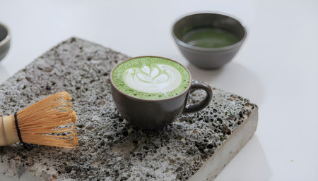Artistic Matcha Latte Presentation A Close-Up Shot of a Delightful Drinkの素材