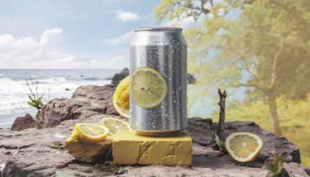 A refreshing can of lemon citrus beverage surrounded by fresh fruit on a rocky seashore under a bright summer skyの素材