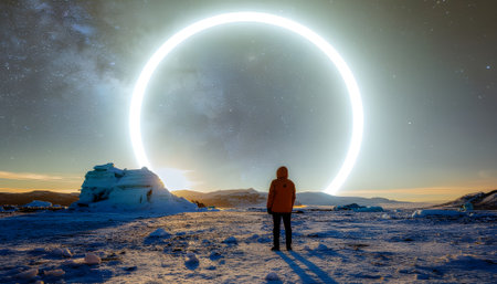 Conceptual artwork of a lone explorer in a vast, frozen wasteland, witnessing a mysterious glowing celestial ring in the starry skyの素材