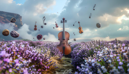 Enchanting melody of nature where a grand violin stands tall in a surreal lavender field with floating musical instrumentsの素材