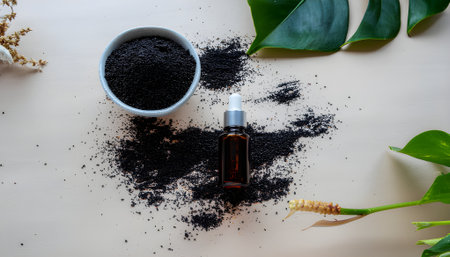 Natural skincare flat lay with black seed oil in an amber dropper bottle surrounded by organic ingredients and green monstera leavesの素材