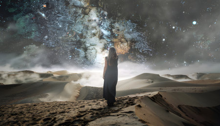Mystical dreamscape of a lone traveler in the desert dunes, gazing at the breathtaking spectacle of the universe and galaxyの素材