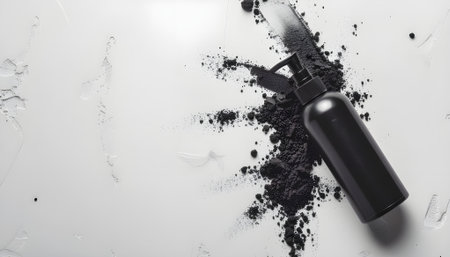 Top view of a sleek black cosmetic spray bottle with scattered dark charcoal powder on a white marble surface for a luxury spa and skincare conceptの素材