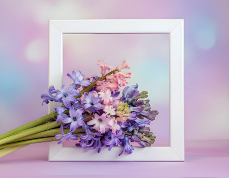 Beautiful bouquet of colorful spring hyacinth flowers resting on a white picture frame with a soft pastel bokeh background.の素材