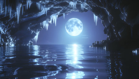 Mystical Moonlight Cave Tranquil Waters Reflecting a Glowing Full Moon, Nature's Serenityの素材