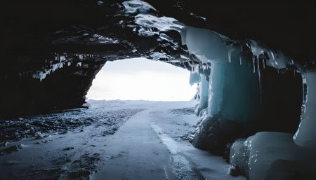 Journey through a mesmerizing ice cave, revealing the icy formations and a distant bright openingの素材