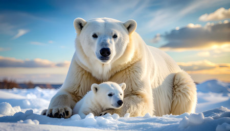 Majestic Polar Bear Mother and Cub Resting in the Arctic Snow Under a Gentle Sunlightの素材