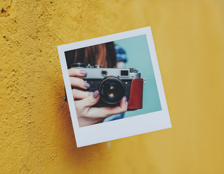 Hands holding a vintage film camera with a stylish leather grip against a textured yellow wallの素材
