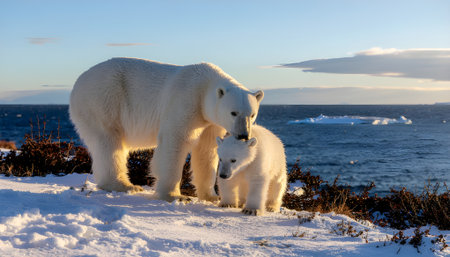 A tender moment A polar bear mother and cub share an embrace amidst the snowy Arctic landscapeの素材