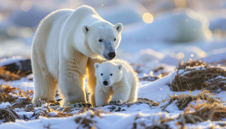 Polar Bear Mother and Cub in Snowy Arctic Landscapeの素材